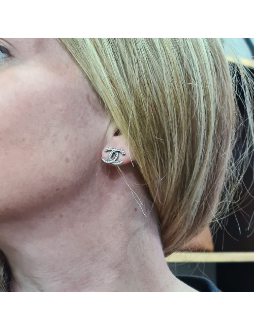 CHANEL CC Stud Earrings in Aged Silver Metal and Rhinestones