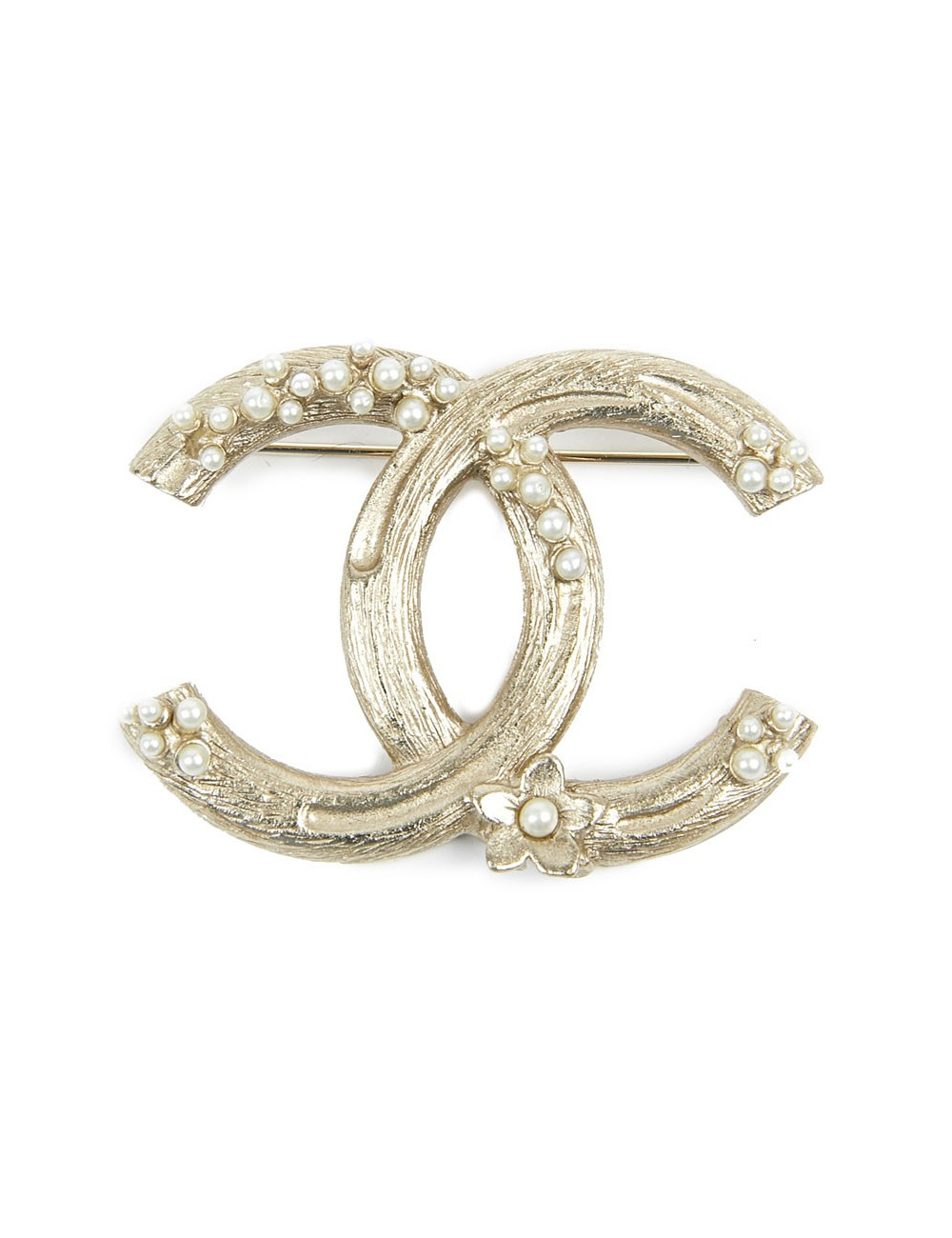 Broche CHANEL CC métal or pâle et perles nacrées