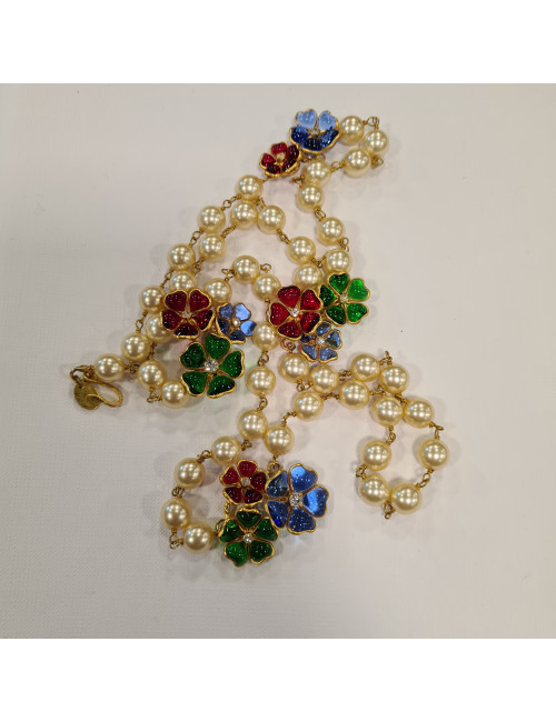 Sautoir CHANEL vintage perles et marguerites pâte de verre