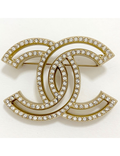 Broche CHANEL Double C strass et métal doré