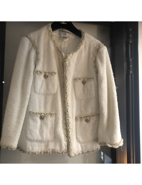 Veste CHANEL tweed beige et gansé de noir