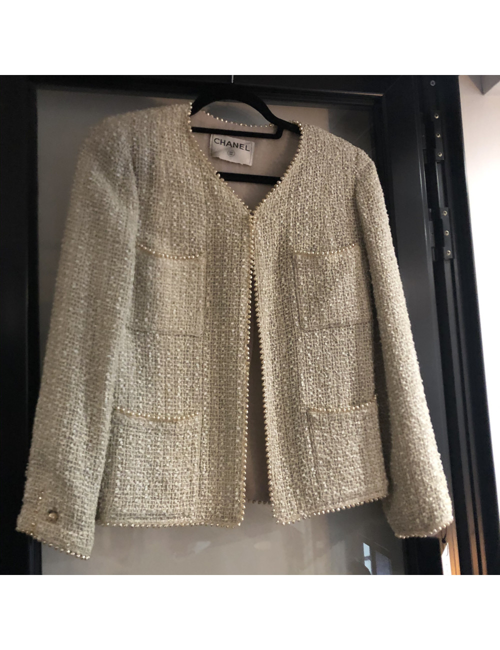 Veste CHANEL T38 laine et coton perles nacrées