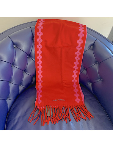 LOUIS VUITTON Echarpe "Flowers River" en cachemire rouge et rose 
