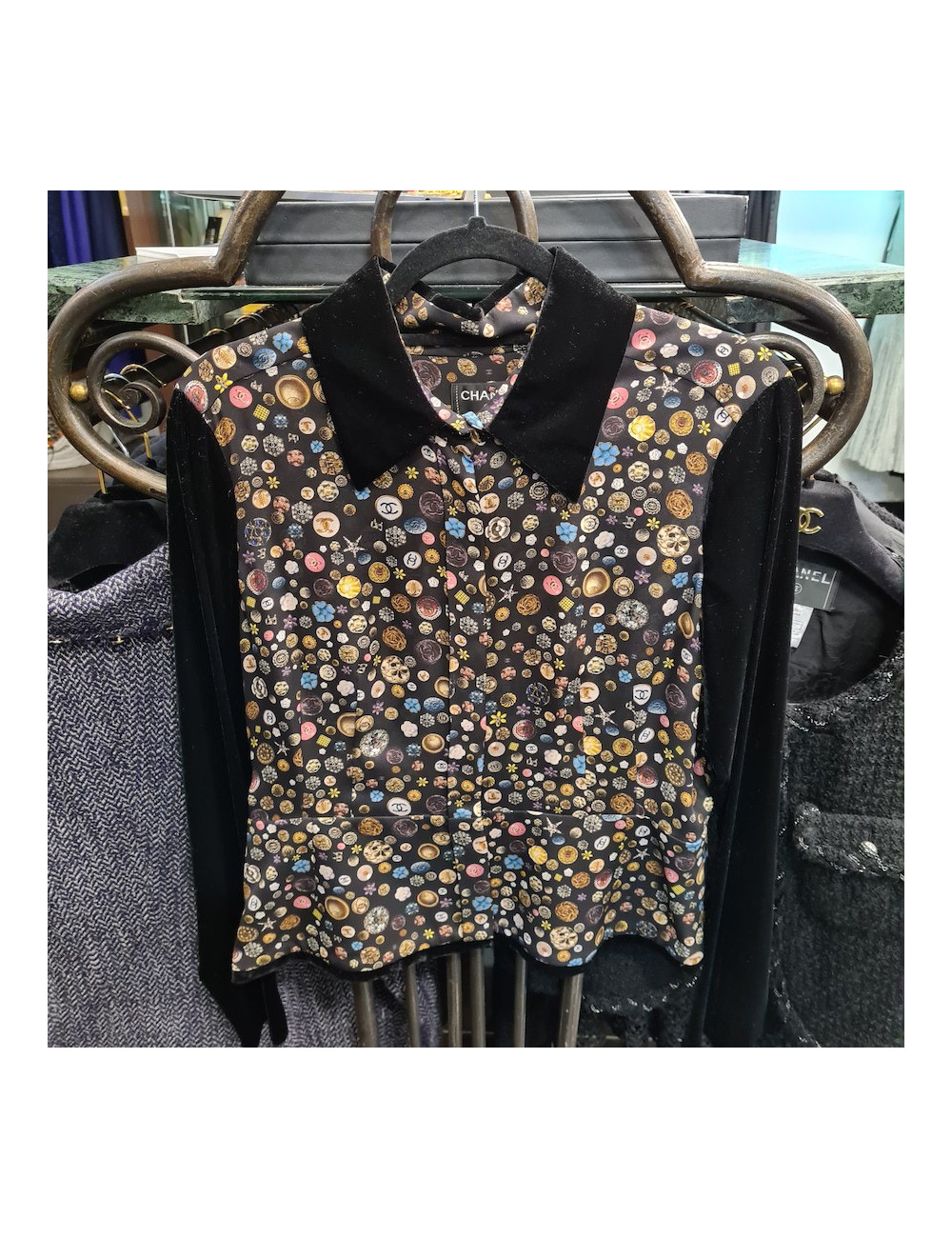 Blouse T 42 CHANEL soie imprimé et velours noir