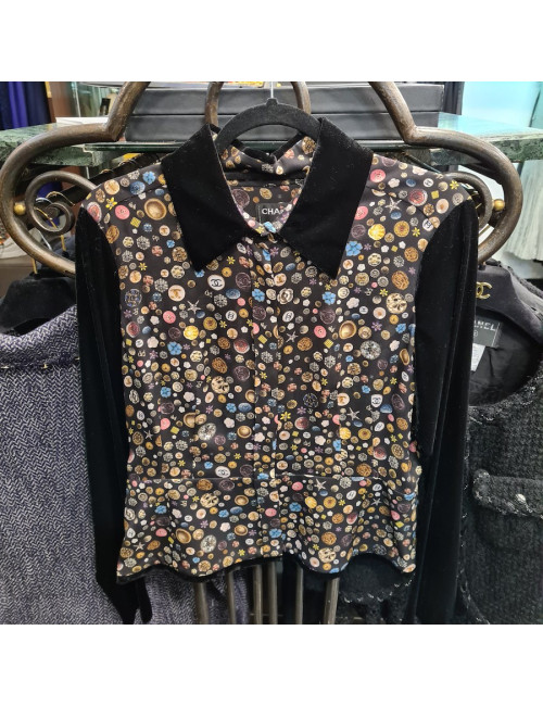Blouse T 42 CHANEL soie imprimée et velours noir