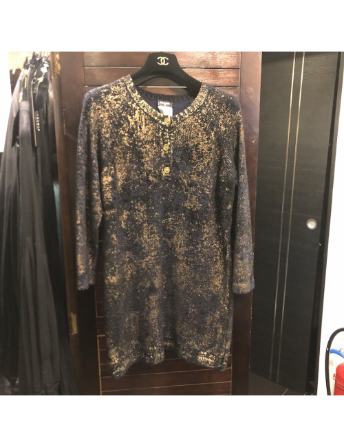 Robe T 40 CHANEL en laine bleu nuit et noir et or