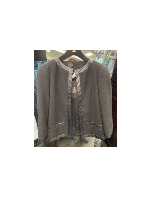 Veste CHANEL T 42 laine noire et bordures en cuir lisse noir