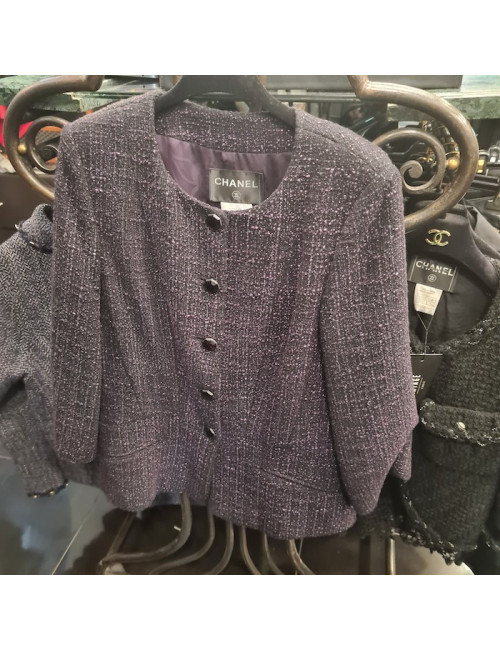Veste T 40 CHANEL  tweed noir et points violet