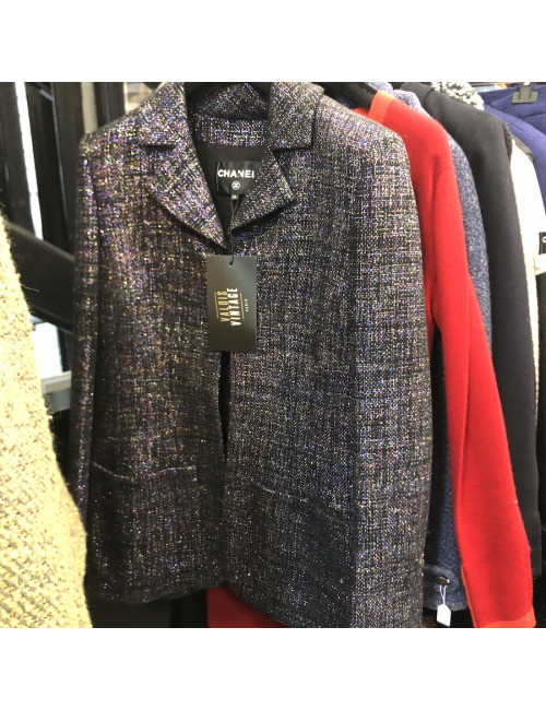 Veste CHANEL T 42 laine noire brodée de fils brillants multicolores
