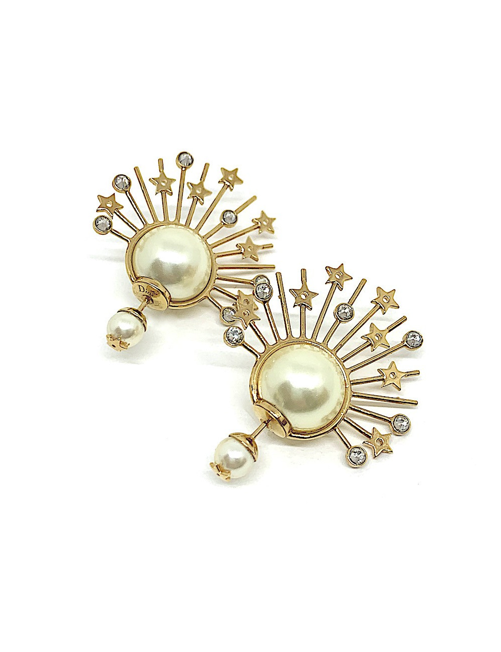 Boucles d'oreille clous DIOR étoile doré, perles et strass