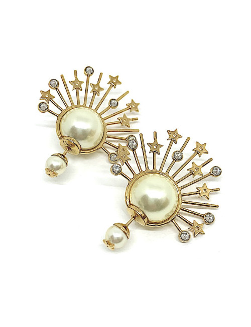 Boucles d'oreille clous DIOR étoile doré, perles et strass