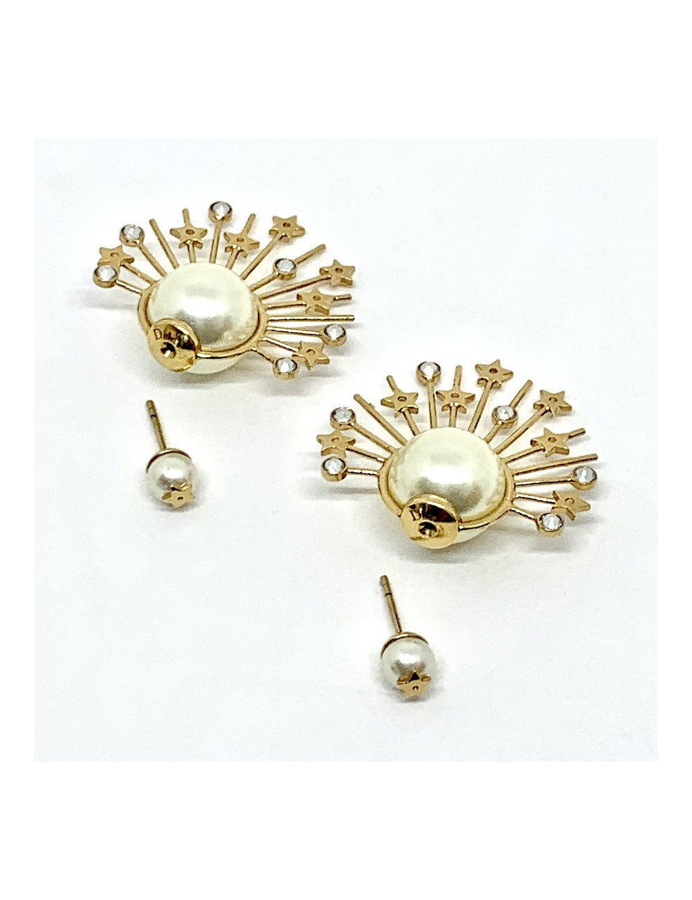 Boucles d'oreille clous DIOR étoile doré, perles et strass