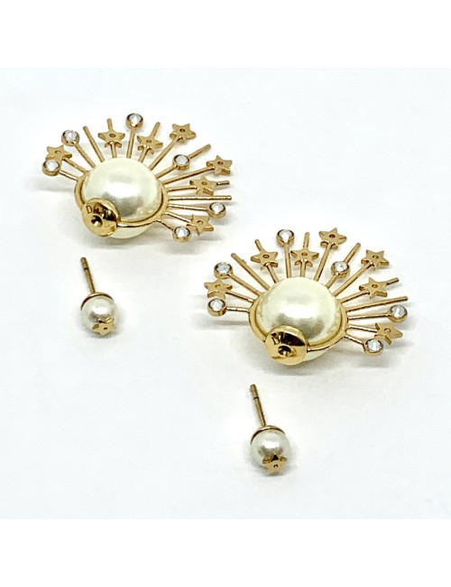 Boucles d'oreille clous DIOR étoile doré, perles et strass