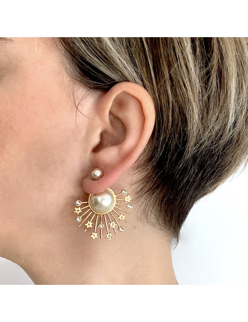 Boucles d'oreille clous DIOR étoile doré, perles et strass