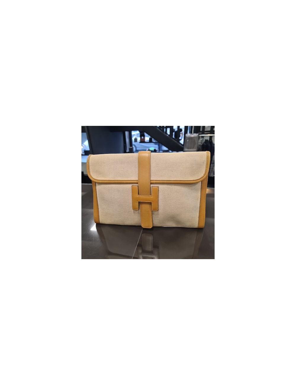 pochette Jige HERMES en toile et cuire beige