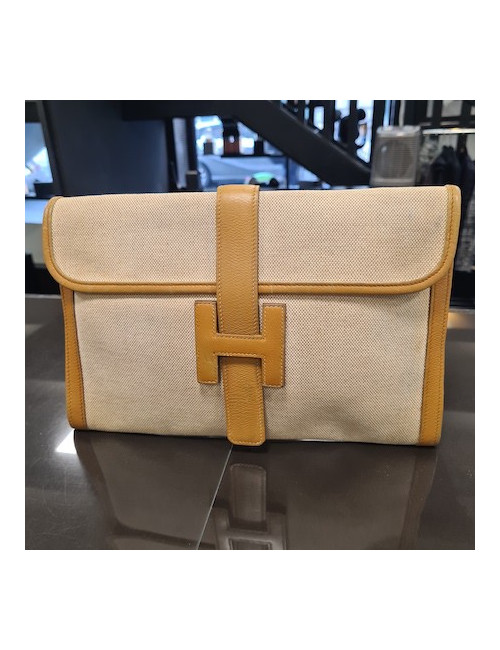 pochette Jige HERMES en toile et cuire beige