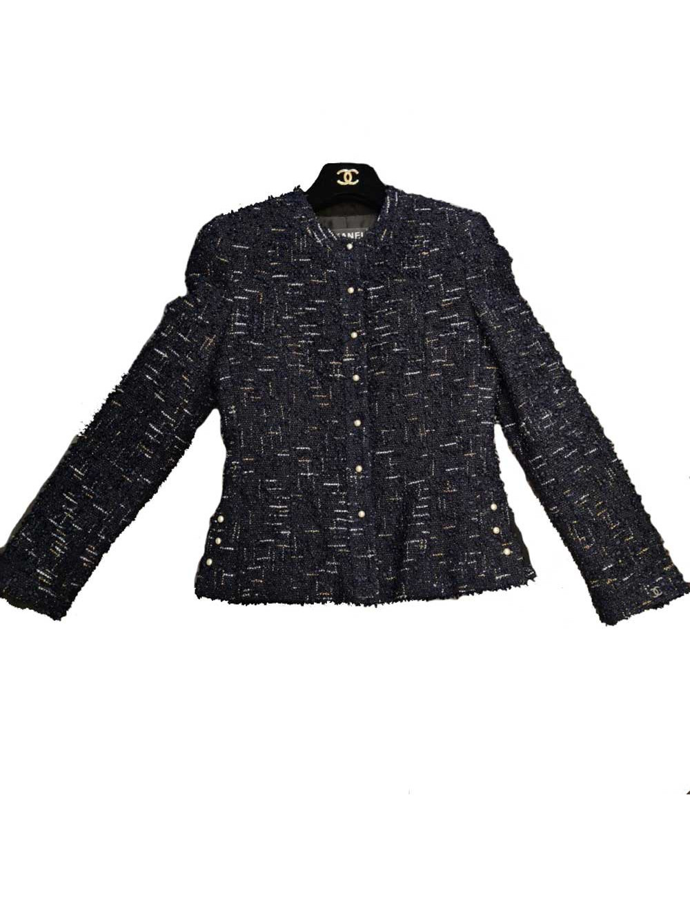Veste T34  CHANEL en tweed bleu et noir avec fils argenté et doré