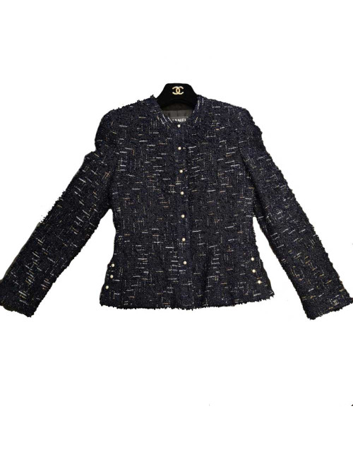 Veste T34  CHANEL en tweed bleu et noir avec fils argenté et doré