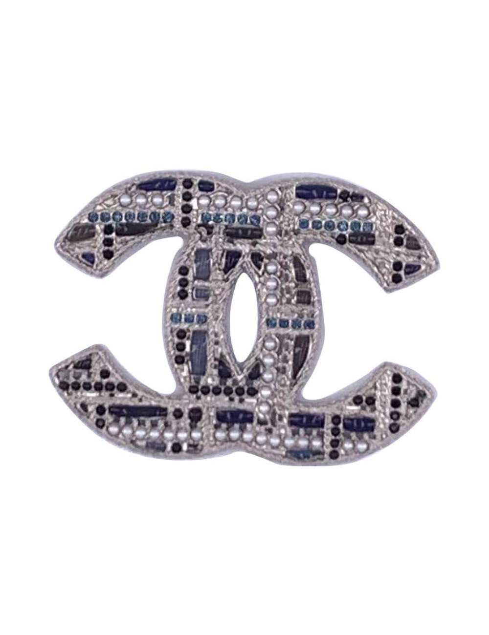 Grosse broche CHANEL CC argent, perles et pâte de verre
