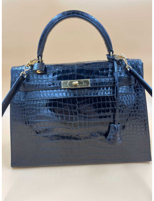 Kelly 32 sellier HERMES porosus noir Vintage