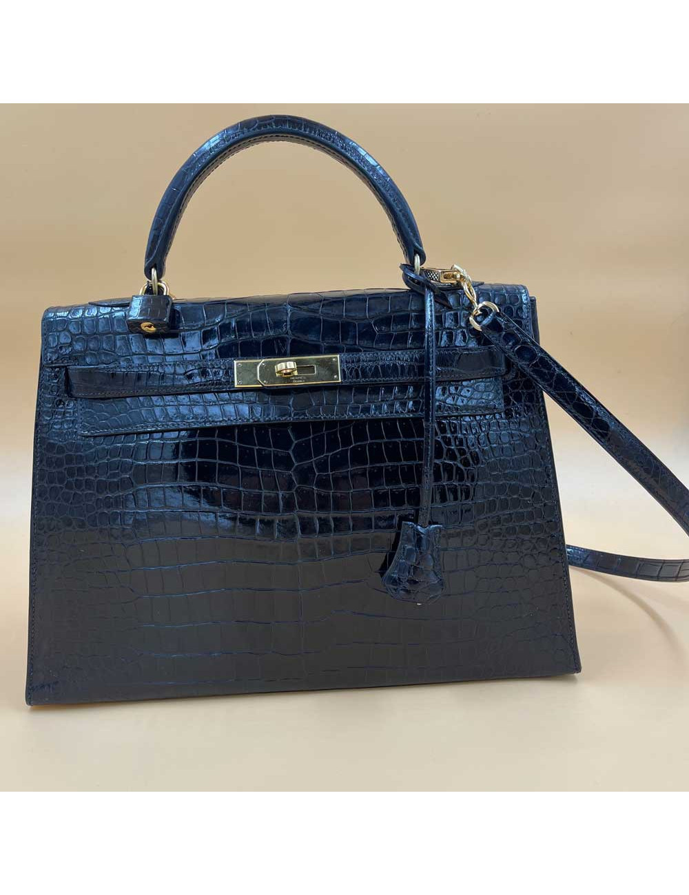 Kelly 32 sellier HERMES porosus noir Vintage