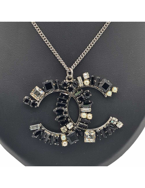 Pendentif CHANEL double cabochons noirs et brillants