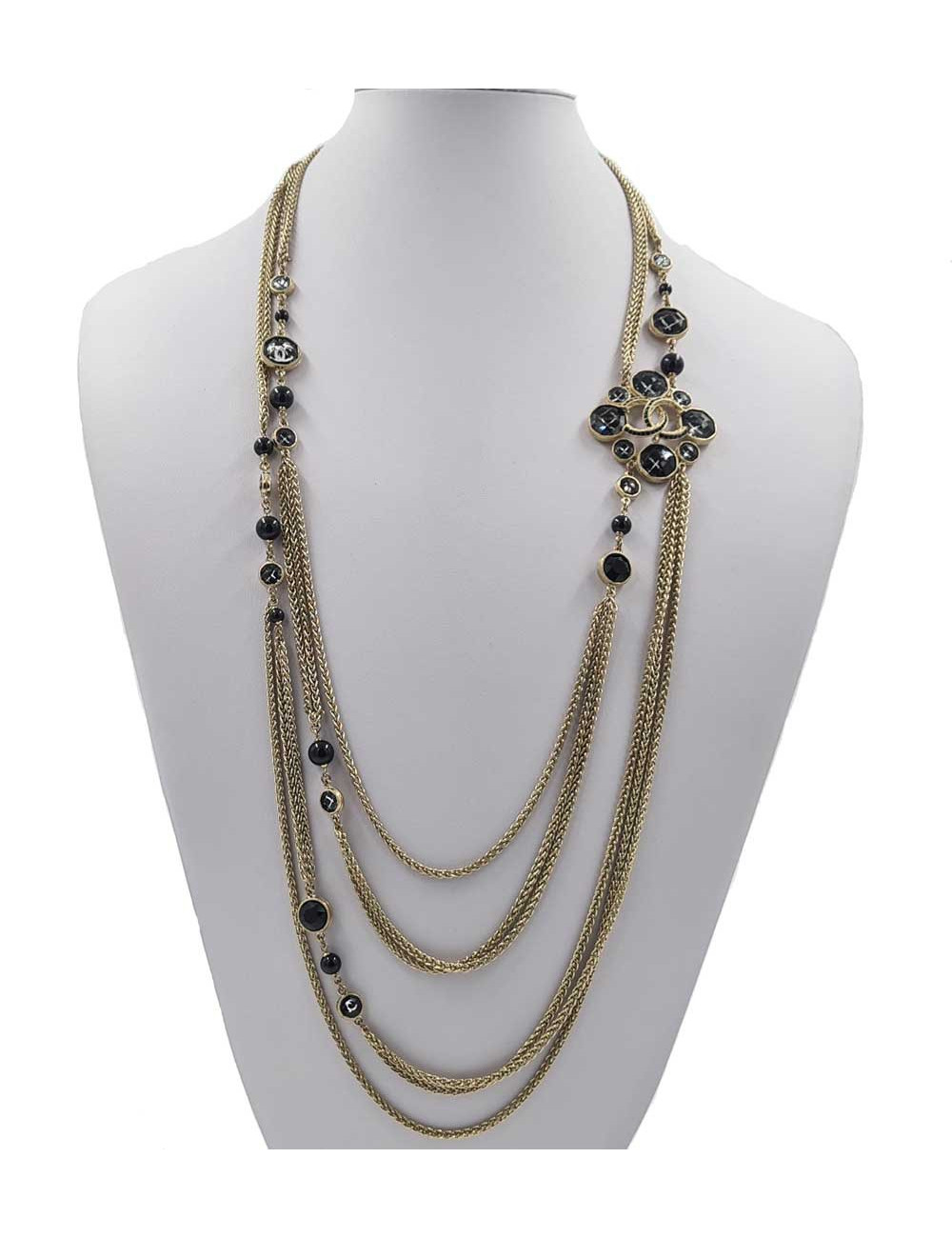 Sautoir CHANEL métal doré, perles et brillants noirs
