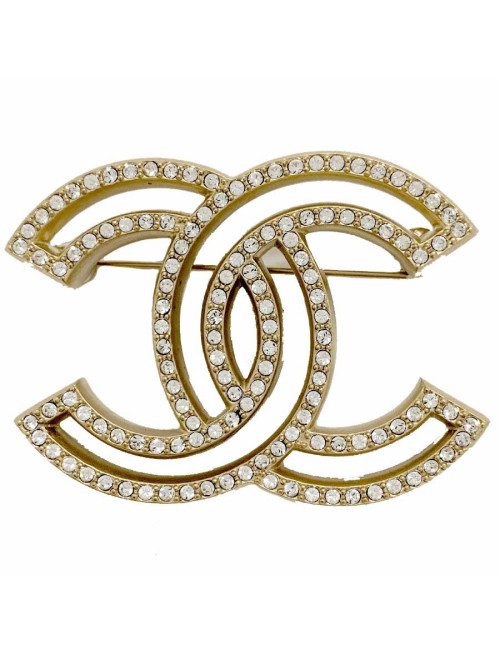 Broche CHANEL Double C strass et métal doré