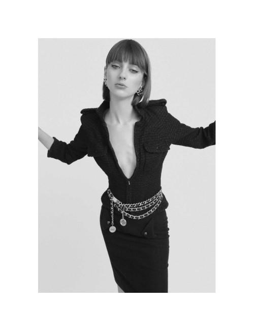 Veste tweed noir CHANEL T38 