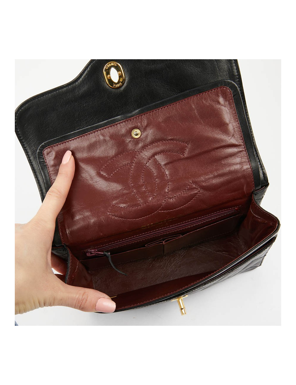 Sac couture vintage CHANEL en cuir d'agneau noir 