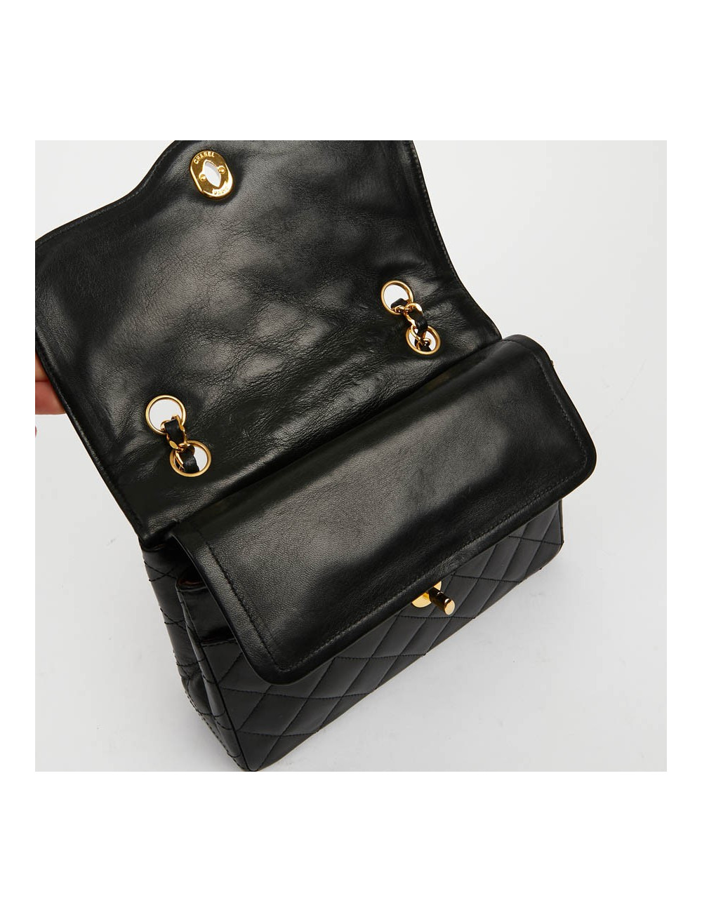 Sac couture vintage CHANEL en cuir d'agneau noir 