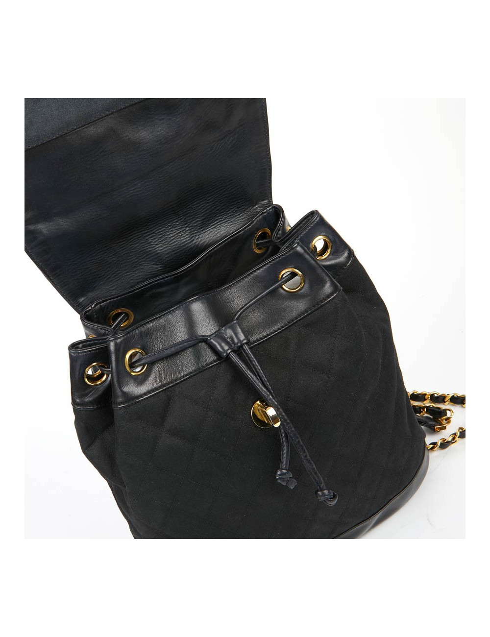 Sac a dos vintage CHANEL en toile et cuir bleu marine