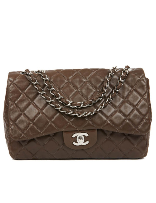 Grand sac CHANEL en cuir d'agneau lisse marron