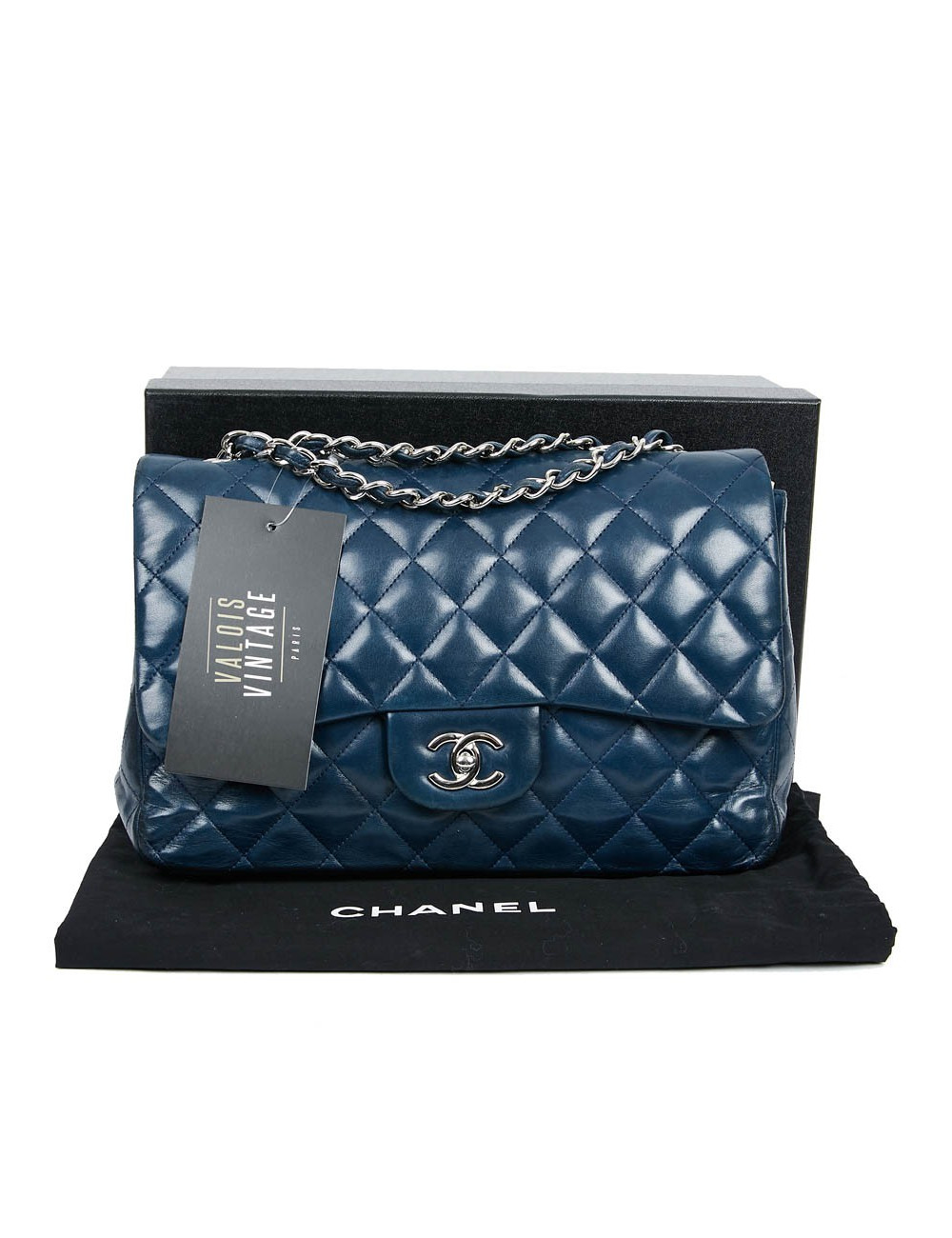 Grand sac CHANEL en cuir d'agneau bleu marine