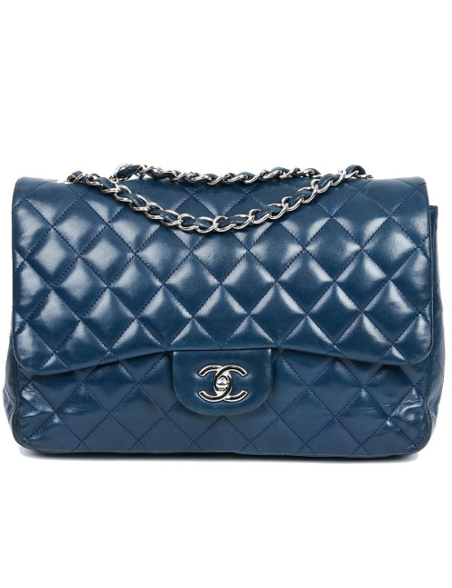 Grand sac CHANEL en cuir d'agneau bleu marine