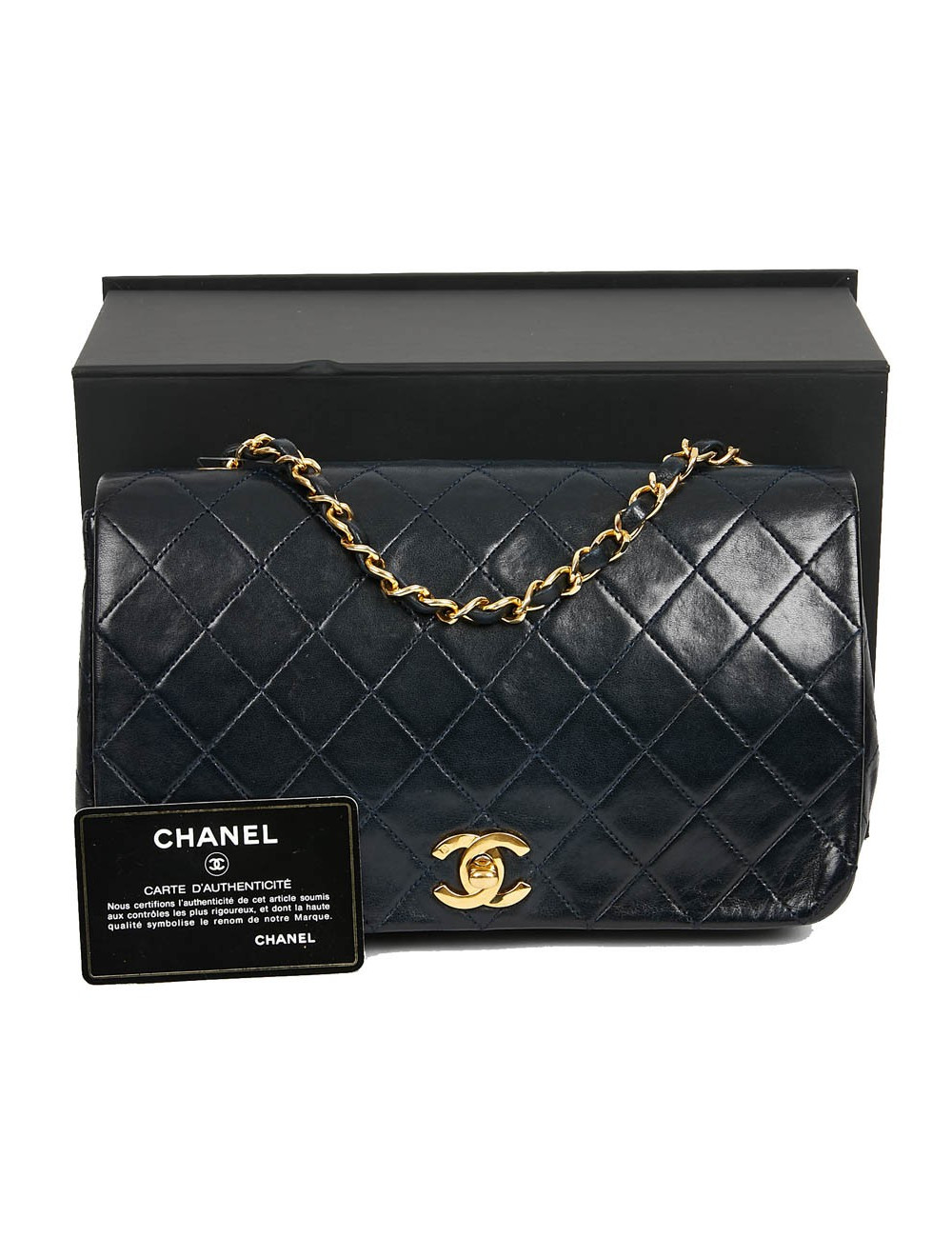 Sac CHANEL vintage bleu marine en cuir d'agneau