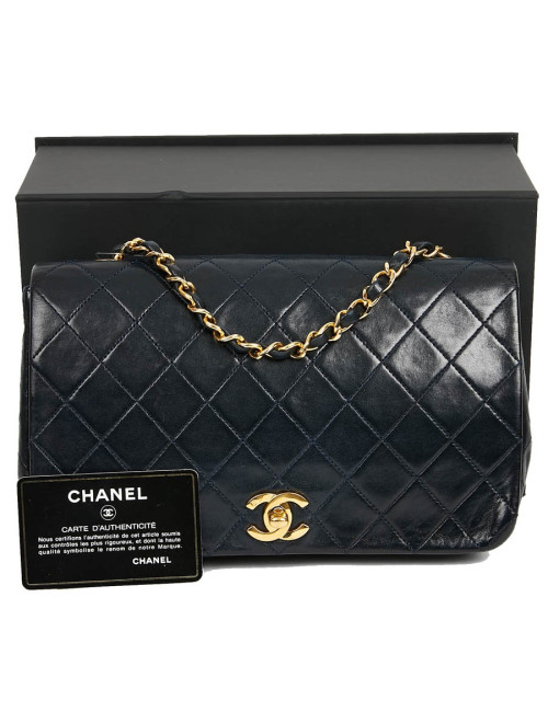 Sac CHANEL vintage bleu marine en cuir d'agneau