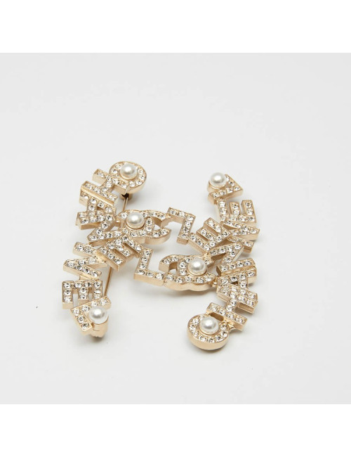 CHANEL Large CC Brooch in Gilt Metal, Pearls and Rhinestones