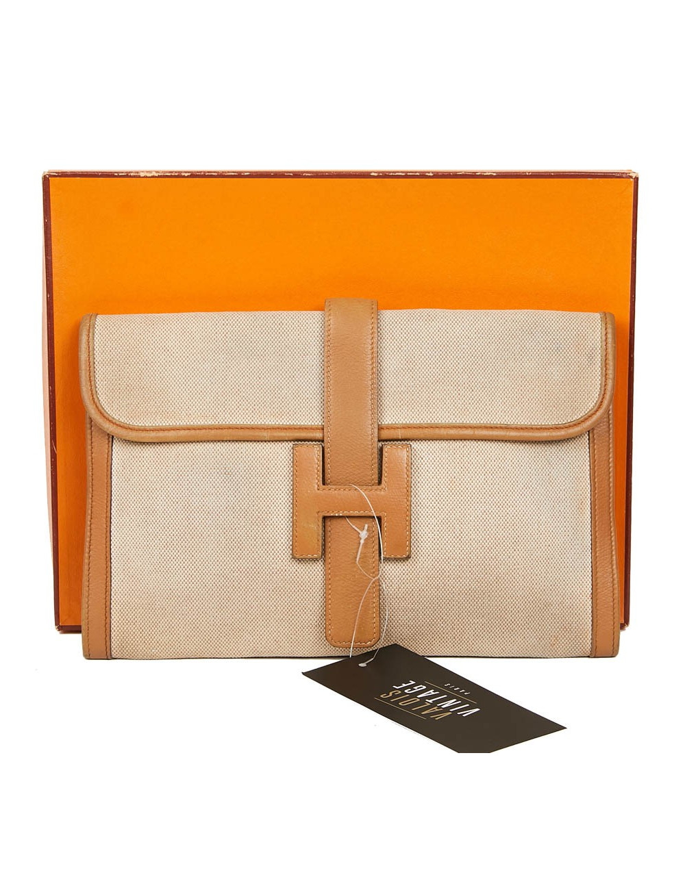 pochette Jige HERMES en toile et cuire beige
