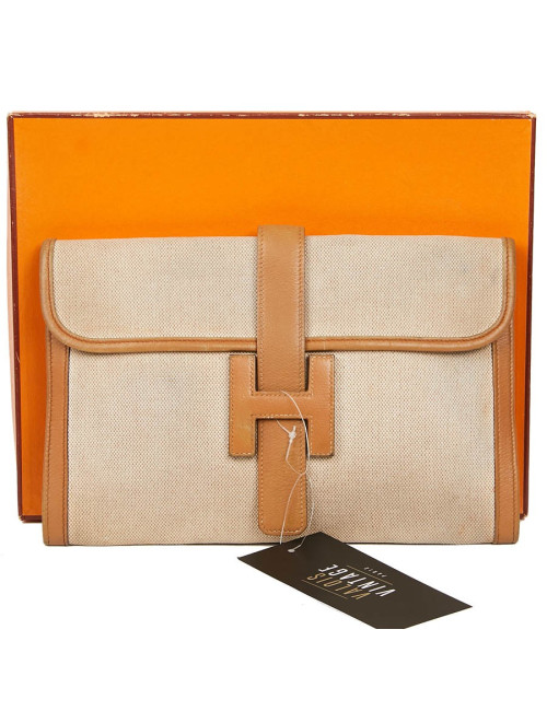 pochette Jige HERMES en toile et cuire beige