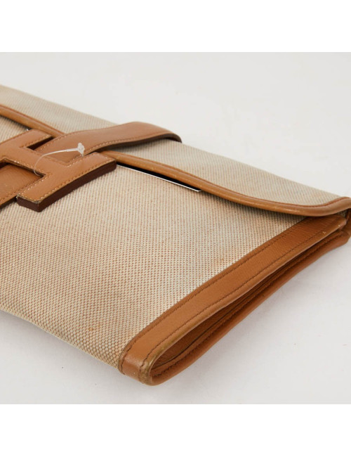 pochette Jige HERMES en toile et cuire beige