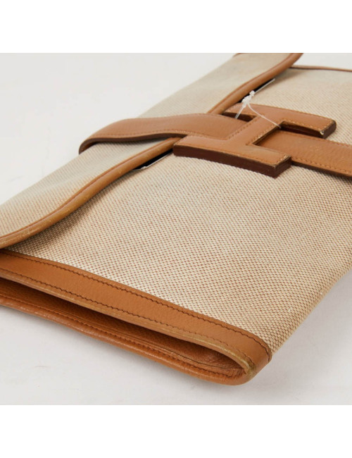 pochette Jige HERMES en toile et cuire beige