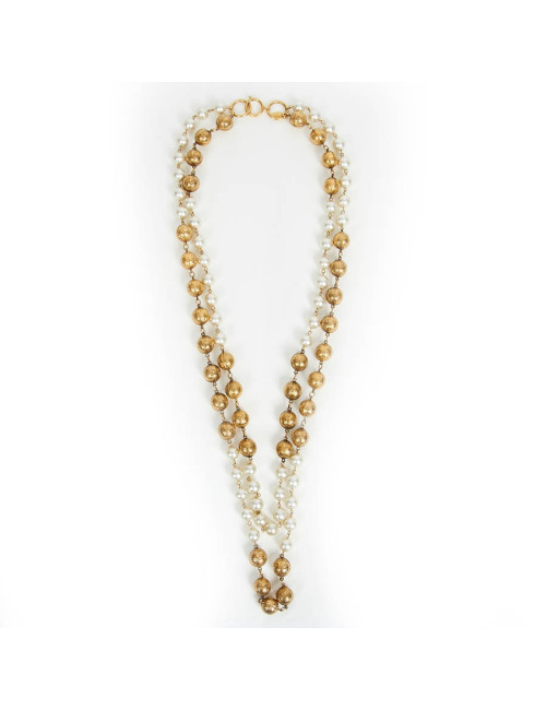 CHANEL two-row pearly and metal long necklace