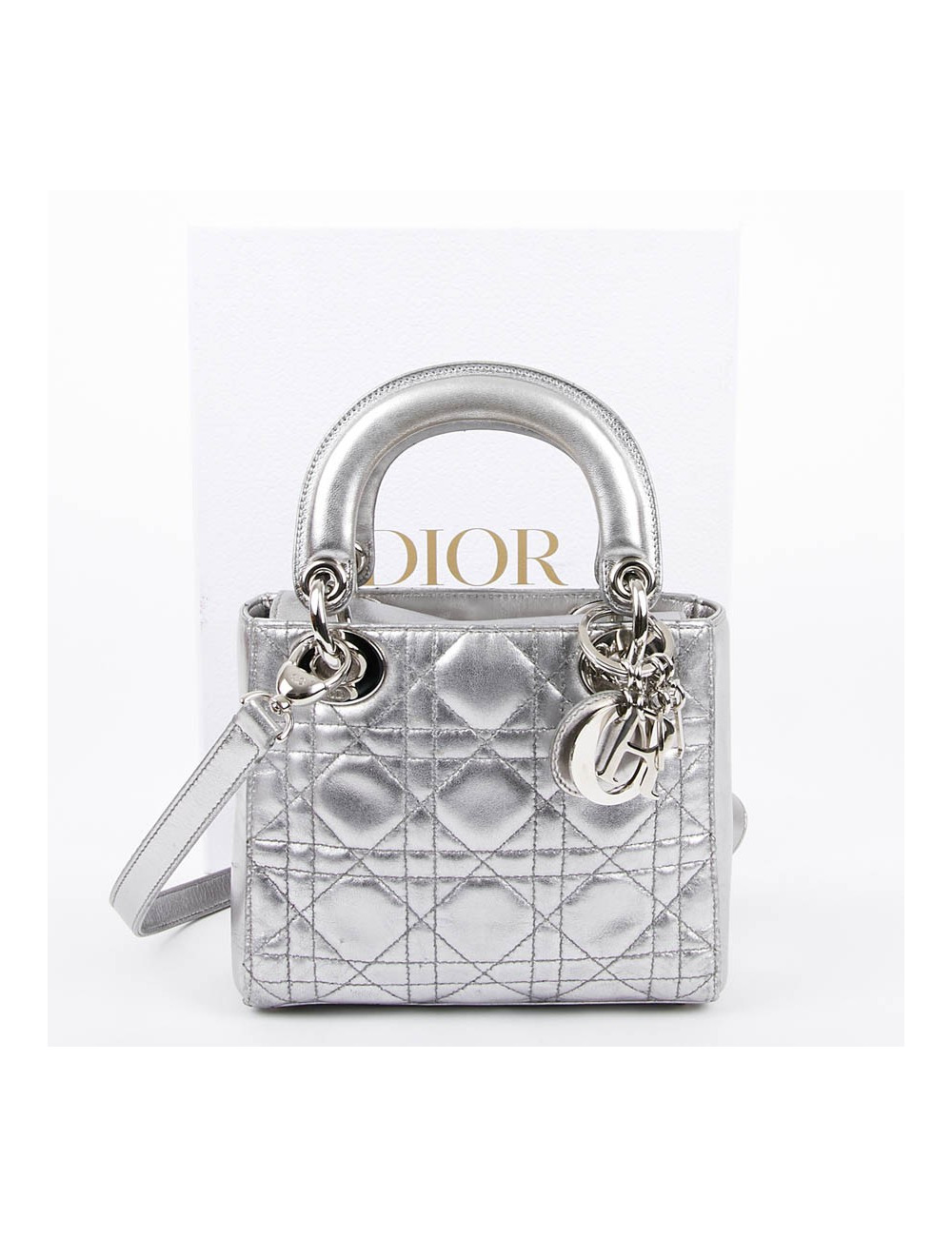 Mini Lady DIOR en cuir argent 