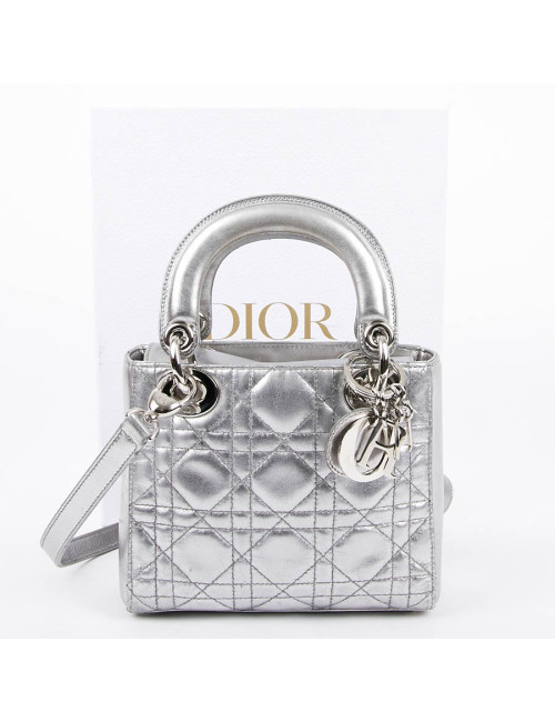 Mini Lady DIOR en cuir argent 