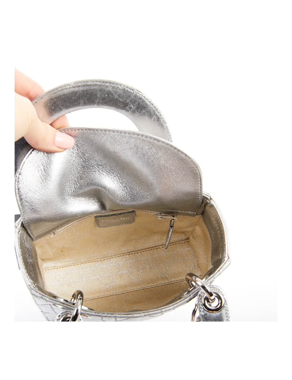 Mini Lady DIOR en cuir argent 