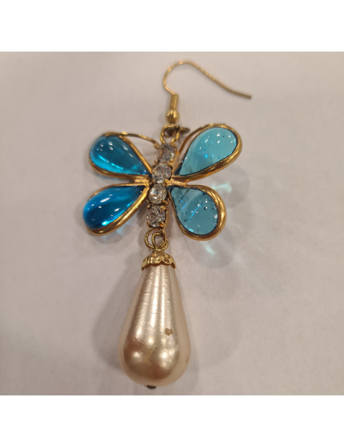 MARGUERITE DE VALOIS blue molten glass, pearly beads and rhinestones butterfly pierced earrings