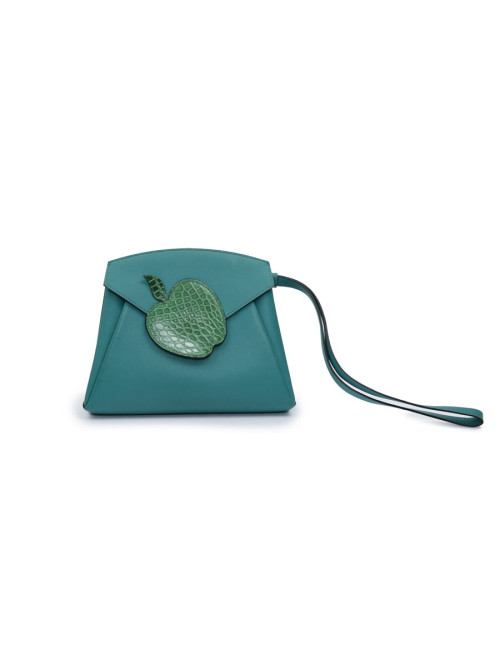 Sac pochette HERMES Tutti frutti Hermail cuir tadelakt bleu paon et crocodile vert