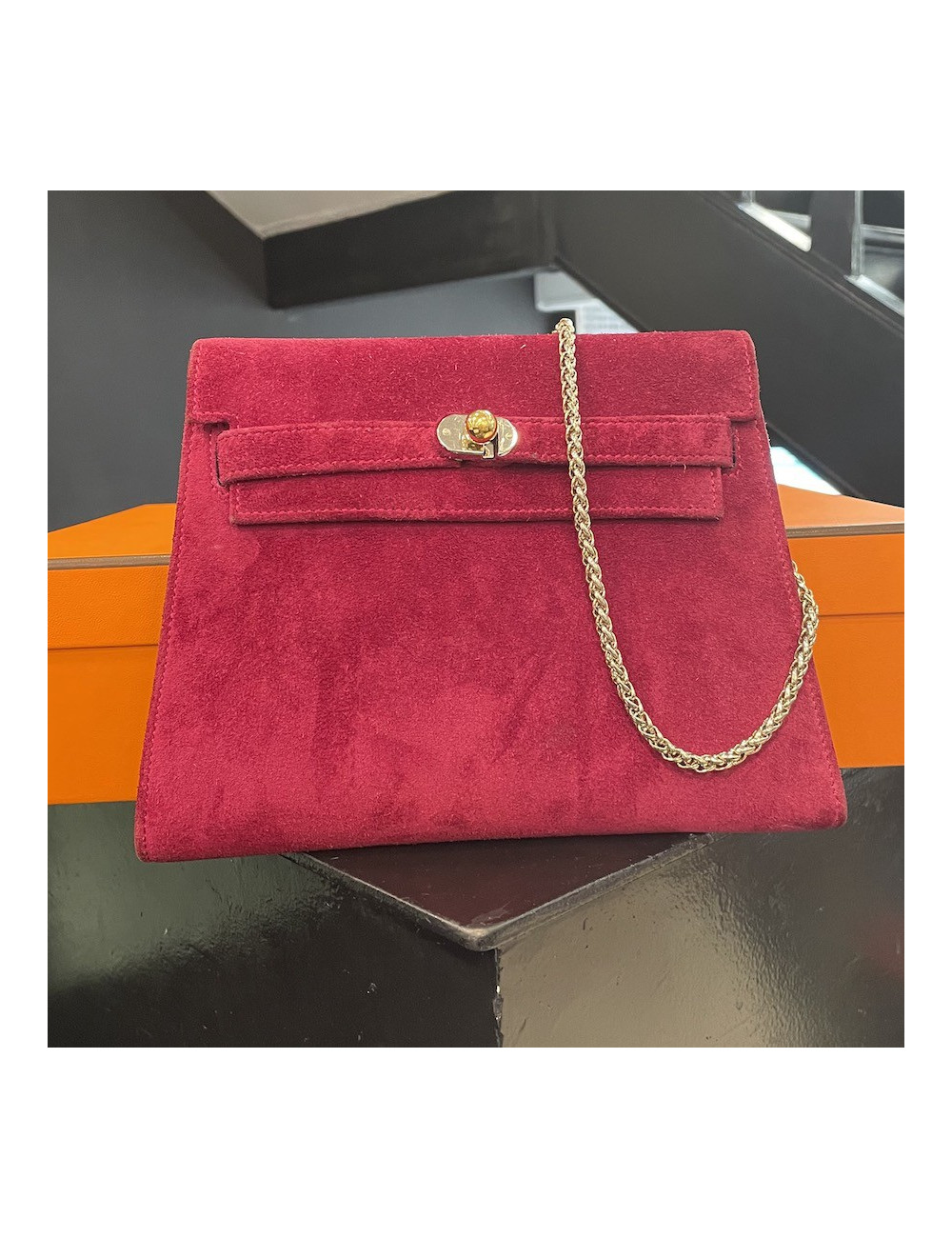Mini sac Kelly vintage HERMES veau velours rose
