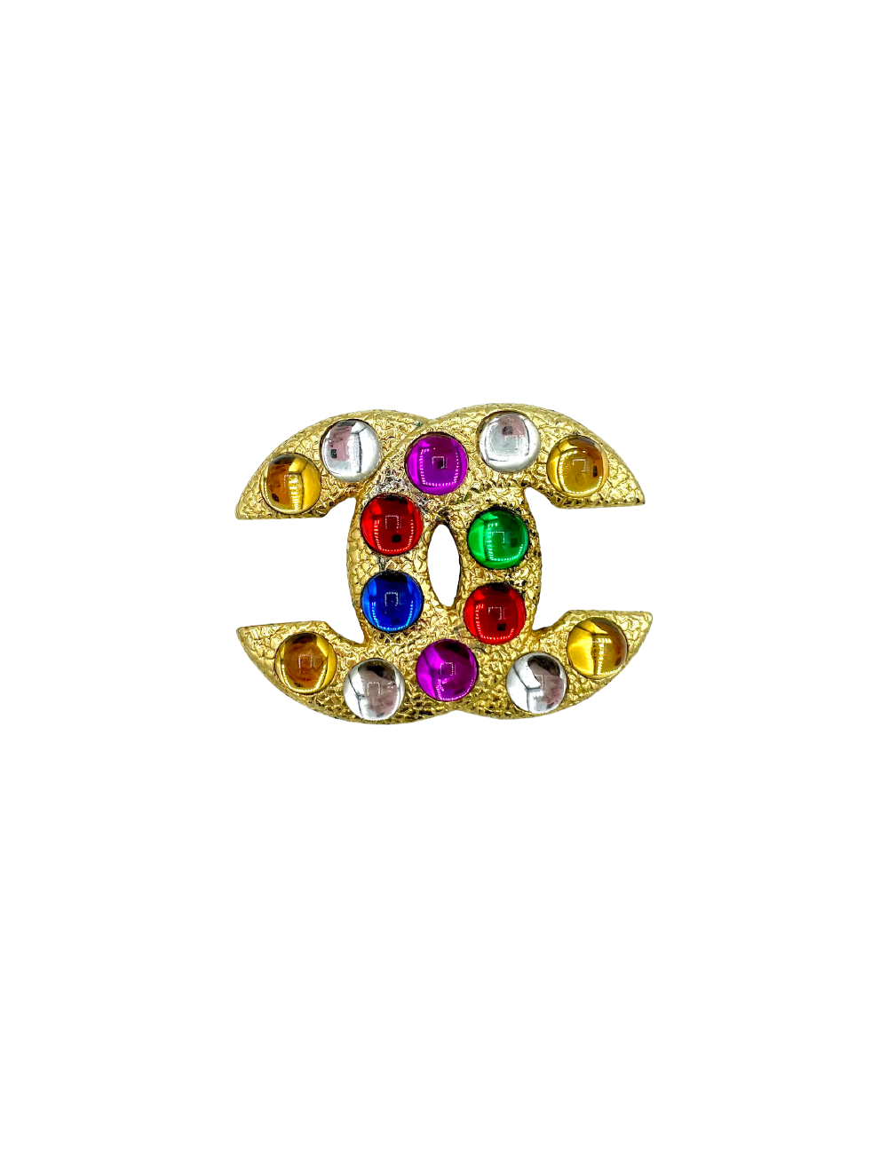 CHANEL CC Brooch in Gilt Metal and Multicolor Cabochon